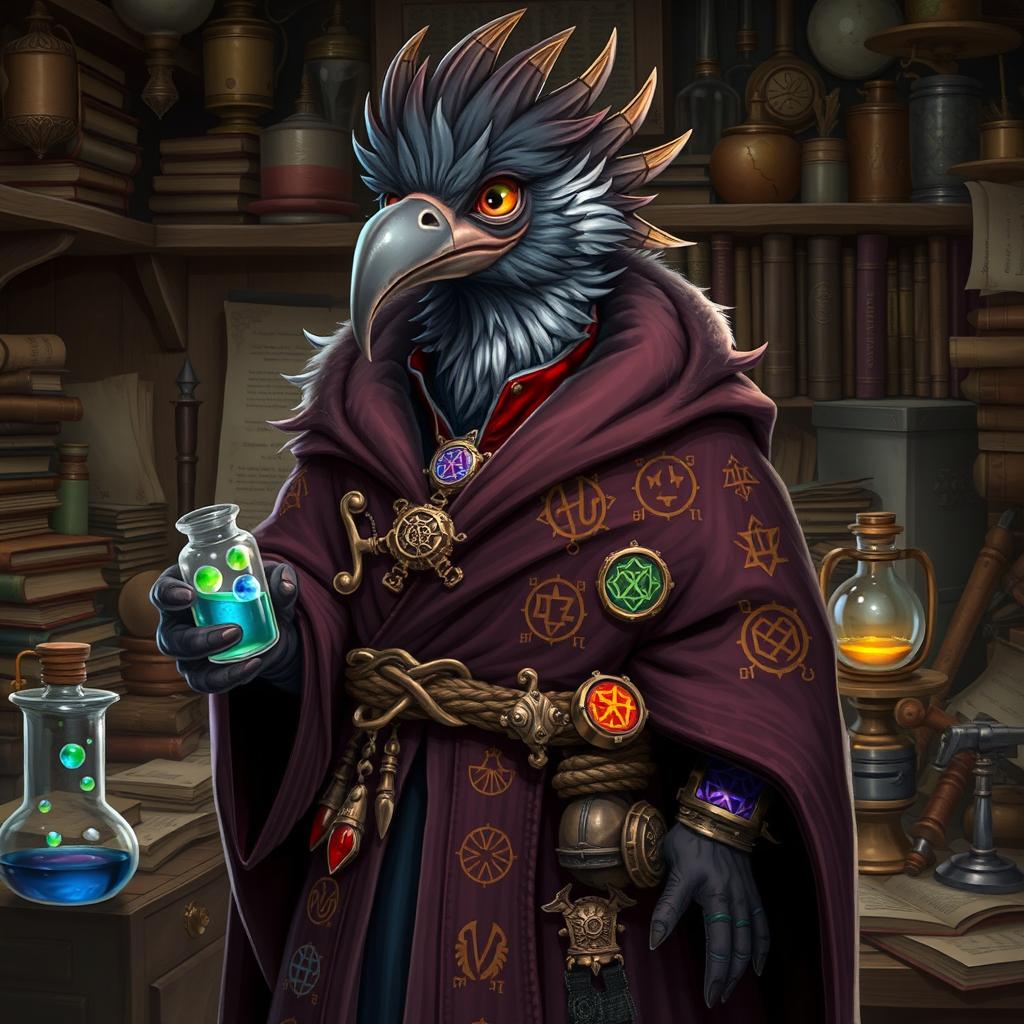 A kenku artificer character, elegantly designed with rich fur robes that drape gracefully around their body, featuring intricate magical symbols embroidered in vivid colors