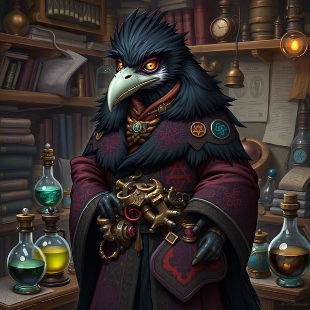 A kenku artificer character, elegantly designed with rich fur robes that drape gracefully around their body, featuring intricate magical symbols embroidered in vivid colors