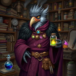A kenku artificer character, elegantly designed with rich fur robes that drape gracefully around their body, featuring intricate magical symbols embroidered in vivid colors