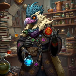 A kenku artificer character, elegantly designed with rich fur robes that drape gracefully around their body, featuring intricate magical symbols embroidered in vivid colors