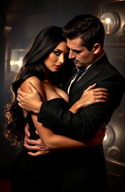 A dramatic and passionate mafia romance scene titled 'Veins of Vengeance', featuring a woman and a man holding each other intimately