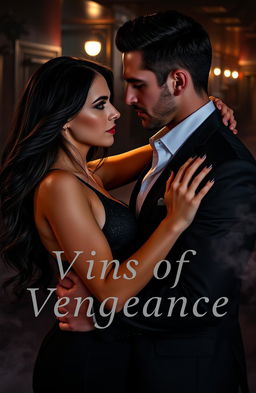 A dramatic and passionate mafia romance scene titled 'Veins of Vengeance', featuring a woman and a man holding each other intimately
