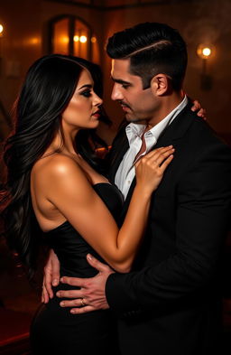 A dramatic and passionate mafia romance scene titled 'Veins of Vengeance', featuring a woman and a man holding each other intimately