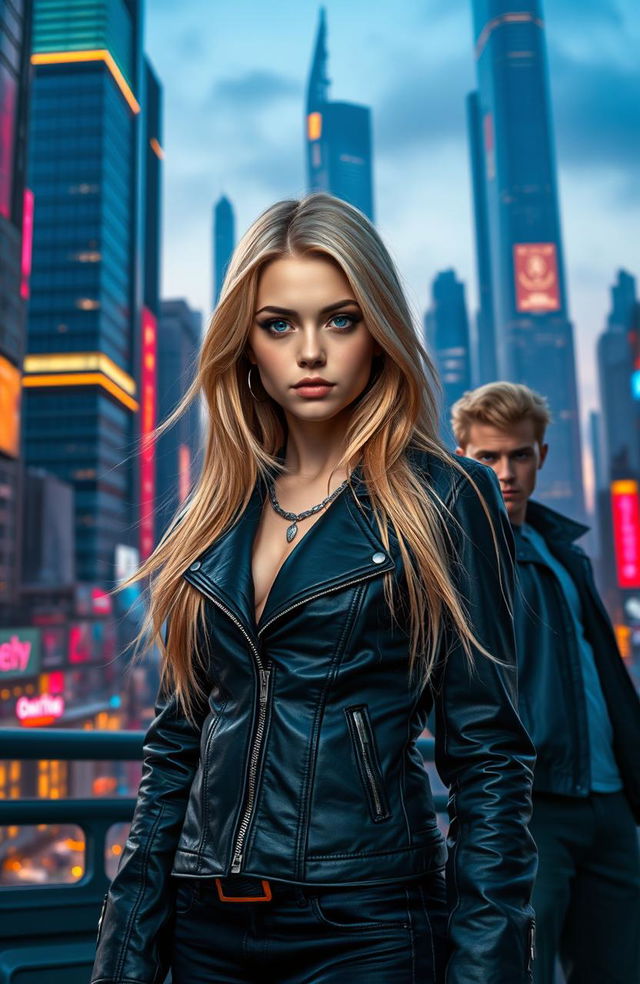 A scene featuring a confident girl with long, flowing blond hair wearing a stylish, fitted leather jacket