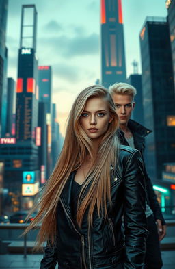 A scene featuring a confident girl with long, flowing blond hair wearing a stylish, fitted leather jacket