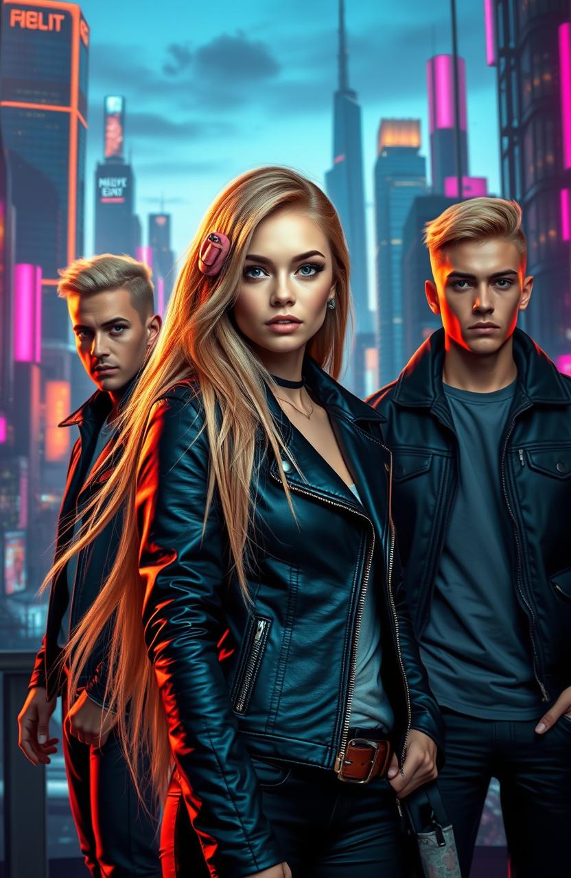 A scene featuring a confident girl with long, flowing blond hair wearing a stylish, fitted leather jacket