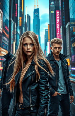 A scene featuring a confident girl with long, flowing blond hair wearing a stylish, fitted leather jacket