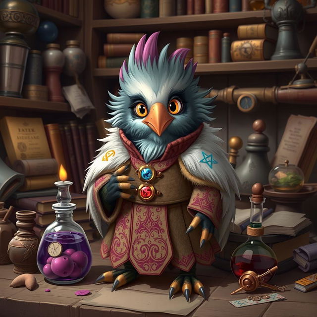 A small kenku artificer character, designed with elegant fur robes that fit their petite frame, featuring intricate magical symbols embroidered in vibrant colors