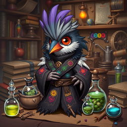 A small kenku artificer character, designed with elegant fur robes that fit their petite frame, featuring intricate magical symbols embroidered in vibrant colors