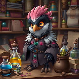 A small kenku artificer character, designed with elegant fur robes that fit their petite frame, featuring intricate magical symbols embroidered in vibrant colors