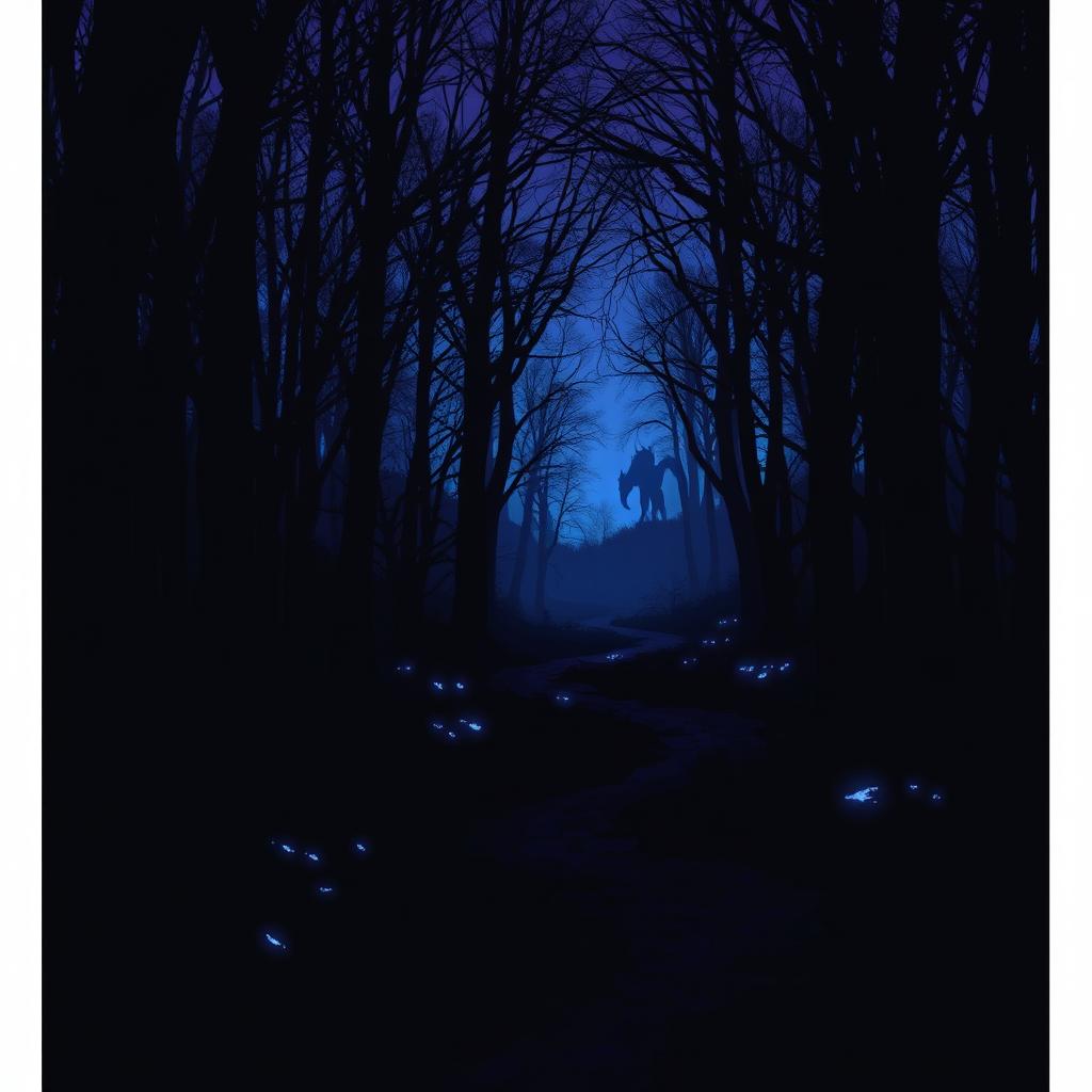 A dark, mysterious forest at twilight featuring blue and purple hues, with shadows playing among the trees