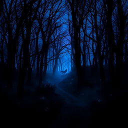 A dark, mysterious forest at twilight featuring blue and purple hues, with shadows playing among the trees