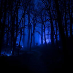 A dark, mysterious forest at twilight featuring blue and purple hues, with shadows playing among the trees