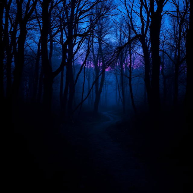 A dark, mysterious forest at twilight featuring blue and purple hues, with shadows playing among the trees