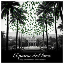 A striking black and white movie poster for a film titled 'El parque de los loros: un viaje sonoro a la memoria colectiva de Leticia'