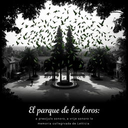 A striking black and white movie poster for a film titled 'El parque de los loros: un viaje sonoro a la memoria colectiva de Leticia'