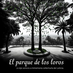 A striking black and white movie poster for a film titled 'El parque de los loros: un viaje sonoro a la memoria colectiva de Leticia'