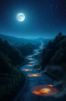 A mystical night scene titled 'Les ombres de la route alpha', featuring a winding road illuminated by ethereal glowing shadows