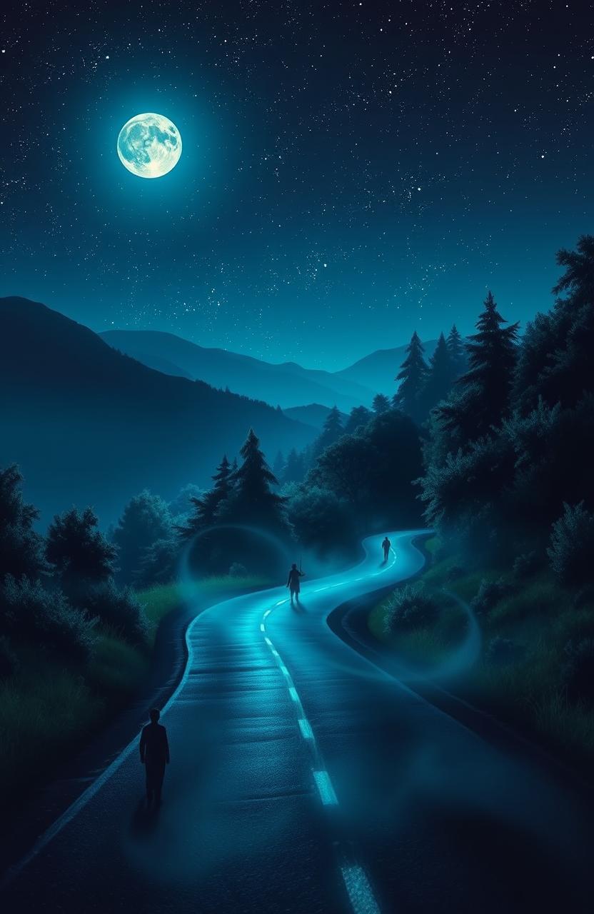 A mystical night scene titled 'Les ombres de la route alpha', featuring a winding road illuminated by ethereal glowing shadows