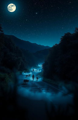 A mystical night scene titled 'Les ombres de la route alpha', featuring a winding road illuminated by ethereal glowing shadows