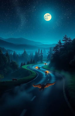 A mystical night scene titled 'Les ombres de la route alpha', featuring a winding road illuminated by ethereal glowing shadows