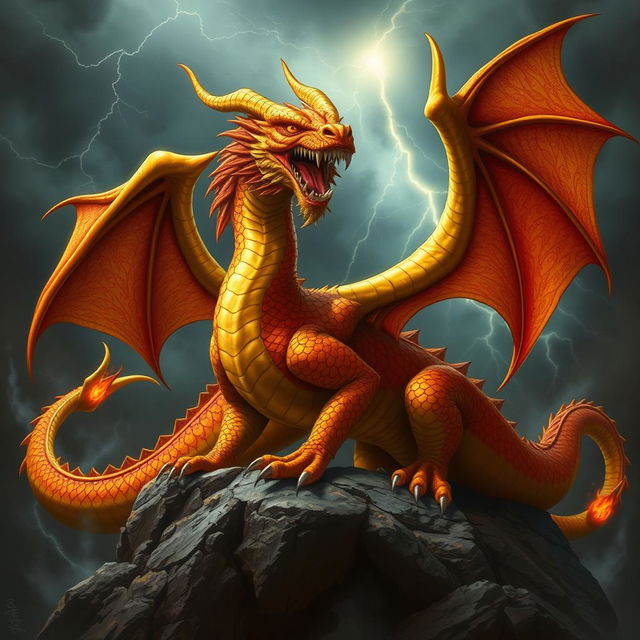 A majestic adult gold and red dragon with an evil demeanor, its scales shimmering with golden hues intertwined with vibrant red patterns