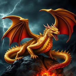 A majestic adult gold and red dragon with an evil demeanor, its scales shimmering with golden hues intertwined with vibrant red patterns