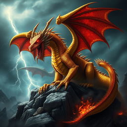 A majestic adult gold and red dragon with an evil demeanor, its scales shimmering with golden hues intertwined with vibrant red patterns