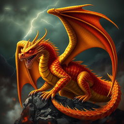 A majestic adult gold and red dragon with an evil demeanor, its scales shimmering with golden hues intertwined with vibrant red patterns