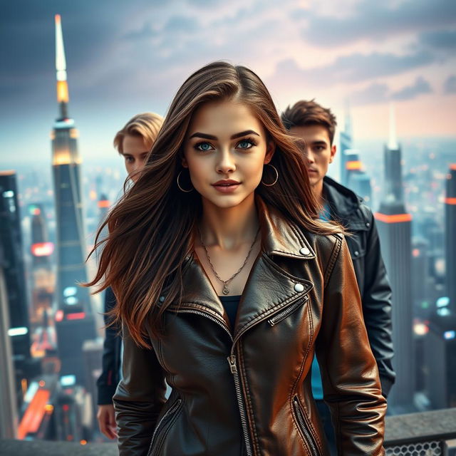 A confident girl with flowing brown hair, wearing a stylish leather jacket, stands in front of a breathtaking futuristic city skyline