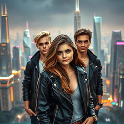 A confident girl with flowing brown hair, wearing a stylish leather jacket, stands in front of a breathtaking futuristic city skyline