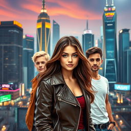 A confident girl with flowing brown hair, wearing a stylish leather jacket, stands in front of a breathtaking futuristic city skyline