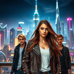 A confident girl with flowing brown hair, wearing a stylish leather jacket, stands in front of a breathtaking futuristic city skyline