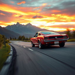 A thrilling scene of a classic Ford Mustang racing on a winding mountain road during a sunset