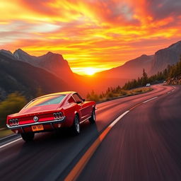 A thrilling scene of a classic Ford Mustang racing on a winding mountain road during a sunset