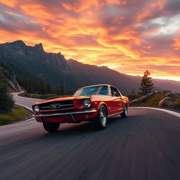 A thrilling scene of a classic Ford Mustang racing on a winding mountain road during a sunset