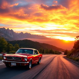 A thrilling scene of a classic Ford Mustang racing on a winding mountain road during a sunset