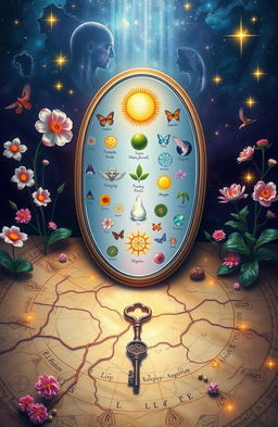 A large mirror-like surface depicted on a mystical map, surrounded by blooming plants and glowing stars