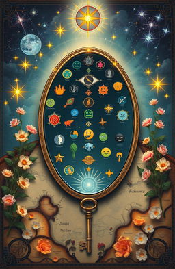 A large mirror-like surface depicted on a mystical map, surrounded by blooming plants and glowing stars