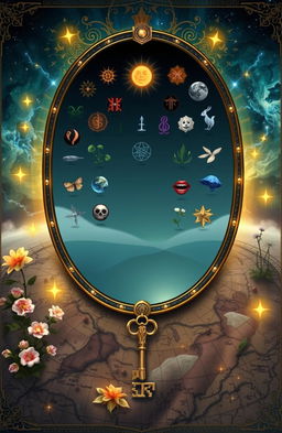 A large mirror-like surface depicted on a mystical map, surrounded by blooming plants and glowing stars