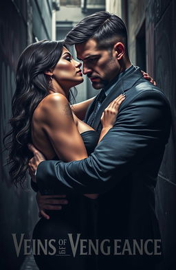 A powerful and passionate scene depicting a mafia romance titled "Veins of Vengeance"