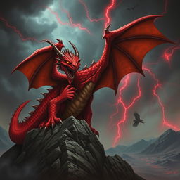 A menacing adult red dragon with an evil presence, its scales a deep crimson with darker hues accentuating its powerful frame