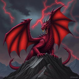 A menacing adult red dragon with an evil presence, its scales a deep crimson with darker hues accentuating its powerful frame