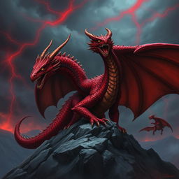A menacing adult red dragon with an evil presence, its scales a deep crimson with darker hues accentuating its powerful frame