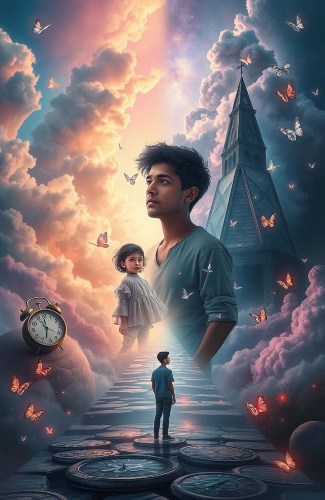 A surreal depiction of a dreamscape featuring a young man named Omar, standing at a crossroads between the past and present