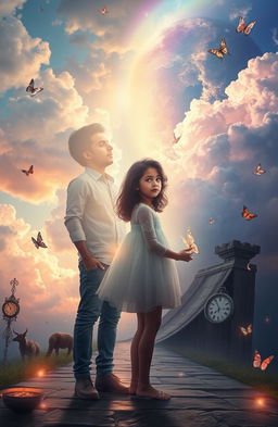A surreal depiction of a dreamscape featuring a young man named Omar, standing at a crossroads between the past and present