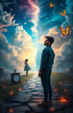 A surreal depiction of a dreamscape featuring a young man named Omar, standing at a crossroads between the past and present