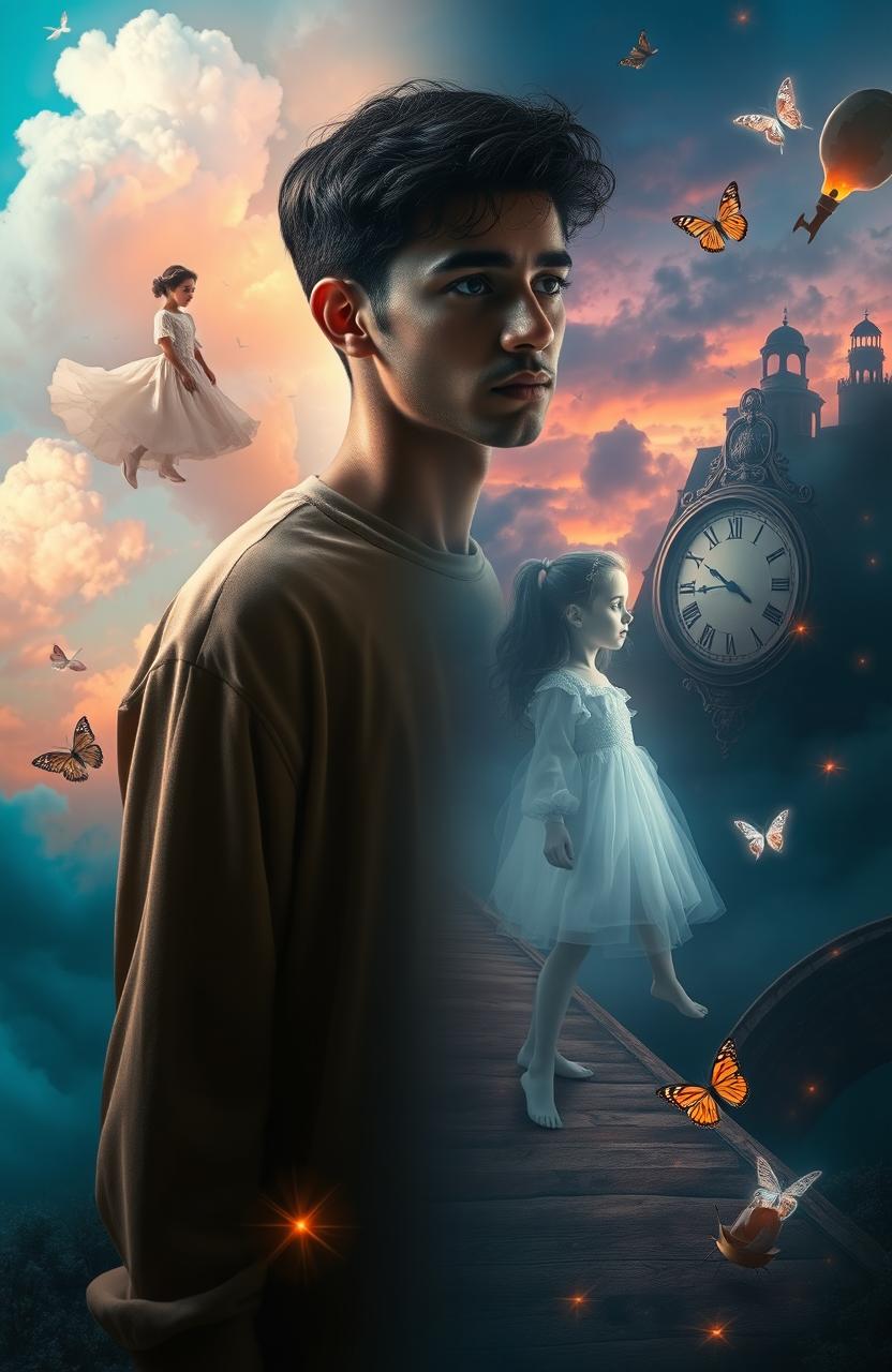 A surreal depiction of a dreamscape featuring a young man named Omar, standing at a crossroads between the past and present