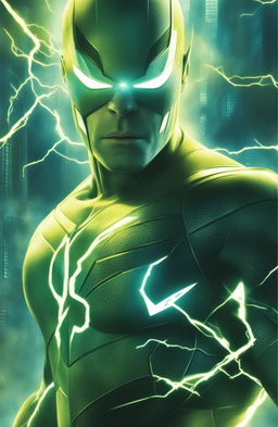 A 32k HD digital art poster of a close-up of Electro from the Marvel universe, designed in a vintage style for a 200mm format