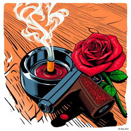 A vibrant poster-style illustration featuring an ashtray with a smoking cigarette butt, surrounded by swirling wisps of smoke